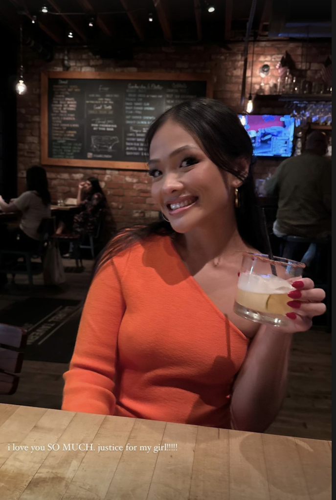 Jenn Tran sipping a drink from Rachel Recchia's Instagram 